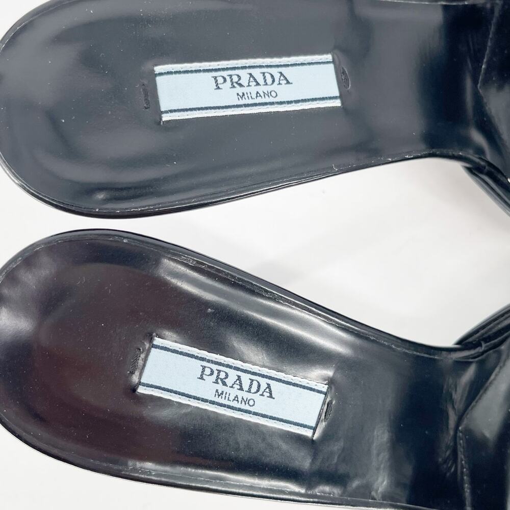 Prada Black Leather Padded Logo 75mm Open Toe Slide Sandal Mule Heels IT 40 - Picture 10 of 12